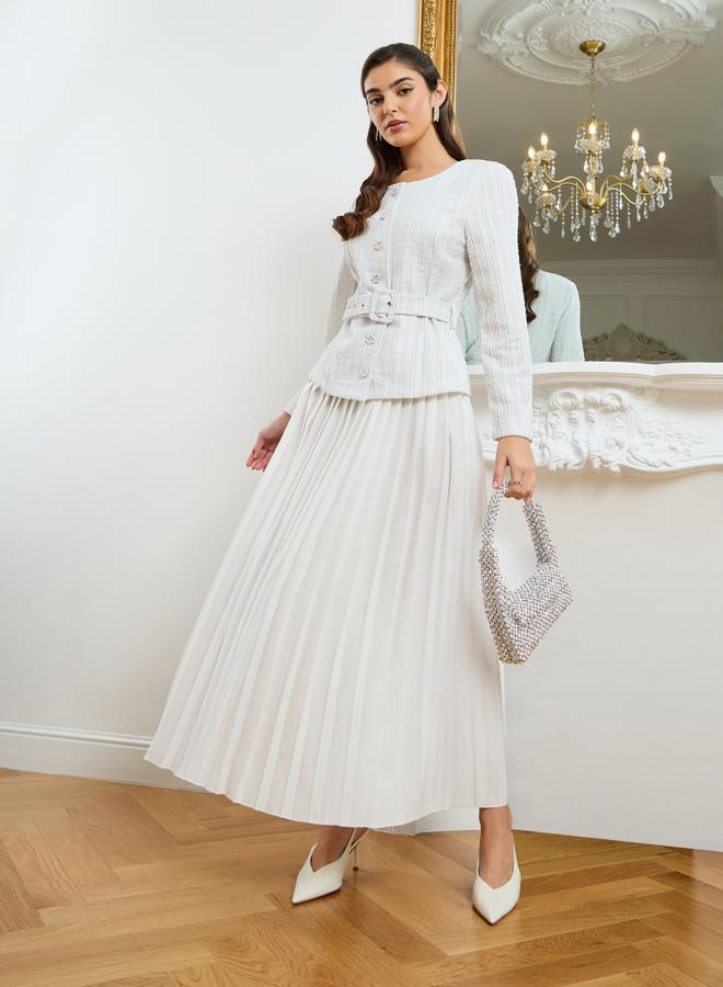 Styli Women Off-White Tweed Top and Pleated Skirt Co-Ords - Image 2